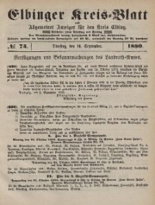 Kreis-Blatt des Königlich Preußischen Landraths-Amtes zu Elbing, Nr. 74 Dienstag 14 September 1880