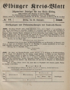 Kreis-Blatt des Königlich Preußischen Landraths-Amtes zu Elbing, Nr. 77 Freitag 24 September 1880