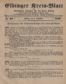 Kreis-Blatt des Königlich Preußischen Landraths-Amtes zu Elbing, Nr. 89 Freitag 5 November 1880
