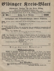 Kreis-Blatt des Königlich Preußischen Landraths-Amtes zu Elbing, Nr. 91 Freitag 12 November 1880