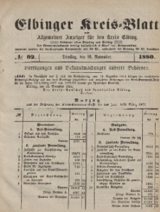 Kreis-Blatt des Königlich Preußischen Landraths-Amtes zu Elbing, Nr. 92 Dienstag 16 November 1880