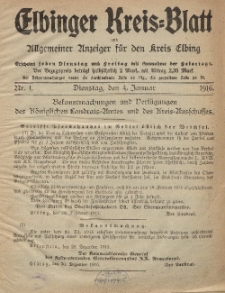 Kreis-Blatt des Königlich Preußischen Landraths-Amtes zu Elbing, Nr. 1 Dienstag 4 Januar 1916