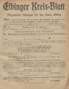 Kreis-Blatt des Königlich Preußischen Landraths-Amtes zu Elbing, Nr. 14 Freitag 18 Februar 1916