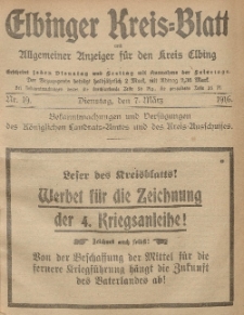 Kreis-Blatt des Königlich Preußischen Landraths-Amtes zu Elbing, Nr. 19 Dienstag 7 März 1916