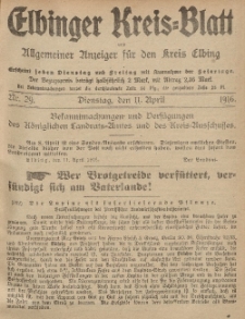 Kreis-Blatt des Königlich Preußischen Landraths-Amtes zu Elbing, Nr. 29 Dienstag 11 April 1916