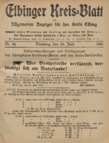 Kreis-Blatt des Königlich Preußischen Landraths-Amtes zu Elbing, Nr. 49 Dienstag 20 Juni 1916