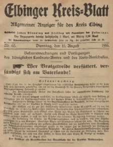 Kreis-Blatt des Königlich Preußischen Landraths-Amtes zu Elbing, Nr. 65 Dienstag 15 August 1916