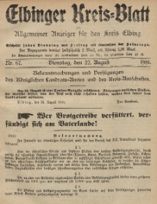 Kreis-Blatt des Königlich Preußischen Landraths-Amtes zu Elbing, Nr. 67 Dienstag 22 August 1916