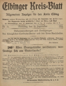 Kreis-Blatt des Königlich Preußischen Landraths-Amtes zu Elbing, Nr. 75 Dienstag 19 September 1916
