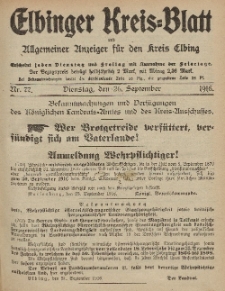 Kreis-Blatt des Königlich Preußischen Landraths-Amtes zu Elbing, Nr. 77 Dienstag 26 September 1916