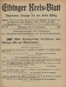 Kreis-Blatt des Königlich Preußischen Landraths-Amtes zu Elbing, Nr. 91 Dienstag 14 November 1916