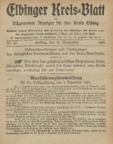 Kreis-Blatt des Königlich Preußischen Landraths-Amtes zu Elbing, Nr. 92 Freitag 17 November 1916