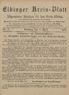 Kreis-Blatt des Königlich Preußischen Landraths-Amtes zu Elbing, Nr. 27 Dienstag 2 April 1901