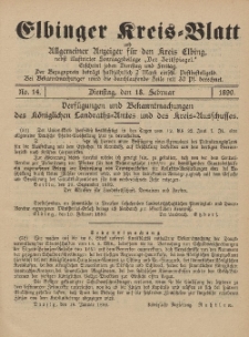 Kreis-Blatt des Königlich Preußischen Landraths-Amtes zu Elbing, Nr. 14 Dienstag 18 Februar 1890