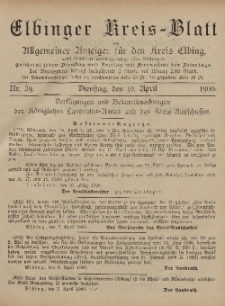 Kreis-Blatt des Königlich Preußischen Landraths-Amtes zu Elbing, Nr. 29 Dienstag 10 April 1900