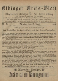 Kreis-Blatt des Königlich Preußischen Landraths-Amtes zu Elbing, Nr. 31 Dienstag 17 April 1900