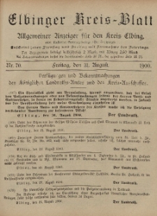Kreis-Blatt des Königlich Preußischen Landraths-Amtes zu Elbing, Nr. 70 Freitag 31 August 1900