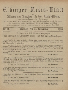 Kreis-Blatt des Königlich Preußischen Landraths-Amtes zu Elbing, Nr. 94 Dienstag 20 November 1900
