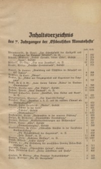 Inhaltsverzeichnis des 7. Jahrganges der "Ostdeutschen Monatshefte"