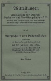 Verzeichnis von Lebensläufen vorwiegend des Handwerker- und Kaufmannstandes aus der Zeit von 1579-1742