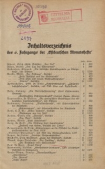 Inhaltsverzeichnis des 6. Jahrgangs der "Ostdeutschen Monatshefte"
