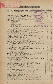 Inhaltsverzeichnis des 11. Jahrgangs der "Ostdeutschen Monatshefte"
