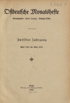 Inhaltsverzeichnis des 12. Jahrganges der "Ostdeutschen Monatshefte"