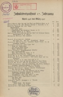 Inhaltsverzeichnis 17 Jahrgang,"Ostdeutschen Monatshefte" April 1936 bis März 1927