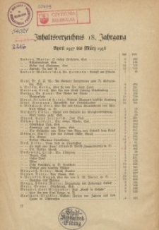 Inhaltsverzeichnis 18. Jahrgang der "Ostdeutschen Monatshefte"(April 1937 bis März 1938)