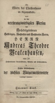 Die Würde des Christenthums im Regentenkleide, ward in der verehrungswürdigsten Person des Hochedelgebohrnen, Gestengen..