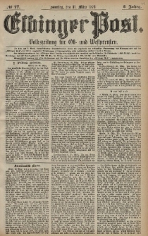 Elbinger Post, Nr. 77 Sonntag 31 März 1878, 5 Jahrg.