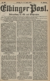 Elbinger Post, Nr. 87 Freitag 12 April 1878, 5 Jahrg.