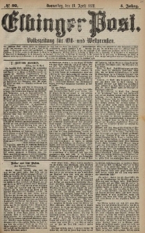 Elbinger Post, Nr. 92 Donnerstag 18 April 1878, 5 Jahrg.