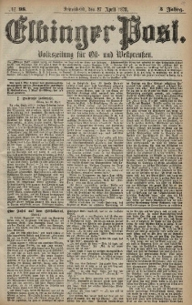 Elbinger Post, Nr. 98 Sonnabend 27 April 1878, 5 Jahrg.