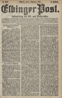 Elbinger Post, Nr. 210 Sonntag 8 September 1878, 5 Jahrg.