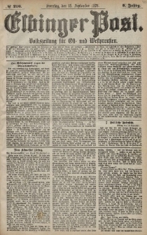 Elbinger Post, Nr. 216 Sonntag 15 September 1878, 5 Jahrg.
