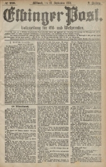 Elbinger Post, Nr. 218 Mittwoch 18 September 1878, 5 Jahrg.