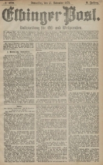 Elbinger Post, Nr. 279 Donnerstag 28 November 1878, 5 Jahrg.