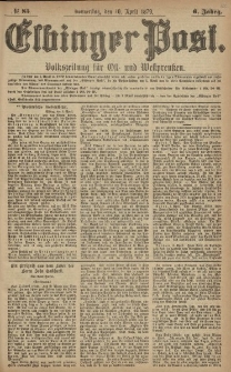 Elbinger Post, Nr. 85 Donnerstag 10 April 1879, 6 Jahrg.