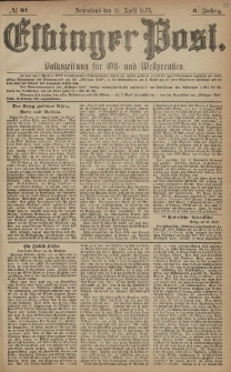 Elbinger Post, Nr. 91 Sonnabend 19 April 1879, 6 Jahrg.