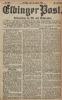 Elbinger Post, Nr. 85, Sonntag 10 April 1881, 8 Jahrg.