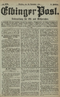 Elbinger Post, Nr. 279, Dienstag 29 November 1881, 8 Jahrg.