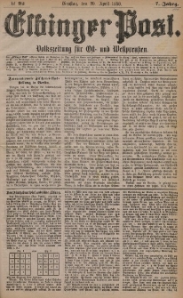 Elbinger Post, Nr. 92, Dienstag 20 April 1880, 7 Jahrg.