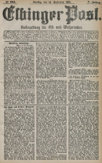 Elbinger Post, Nr. 215, Dienstag 14 September 1880, 7 Jahrg.
