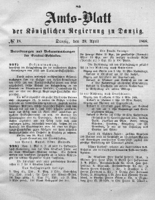 Amts-Blatt der Königlichen Regierung zu Danzig, 29. April 1868, Nr. 18