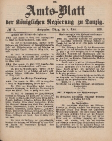 Amts-Blatt der Königlichen Regierung zu Danzig, 2. April 1892, Nr. 14