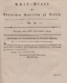 Amts-Blatt der Königlichen Regierung zu Danzig, 24. September 1818, Nr. 39