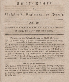 Amts-Blatt der Königlichen Regierung zu Danzig, 23. November 1820, Nr. 47