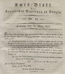 Amts-Blatt der Königlichen Regierung zu Danzig, 21. März 1827, Nr. 12