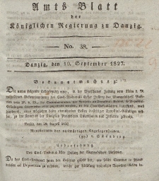 Amts-Blatt der Königlichen Regierung zu Danzig, 19. September 1827, Nr. 38